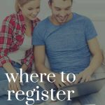 Shows a young couple sitting down looking at a laptop with text overlay that says where to register for your wedding