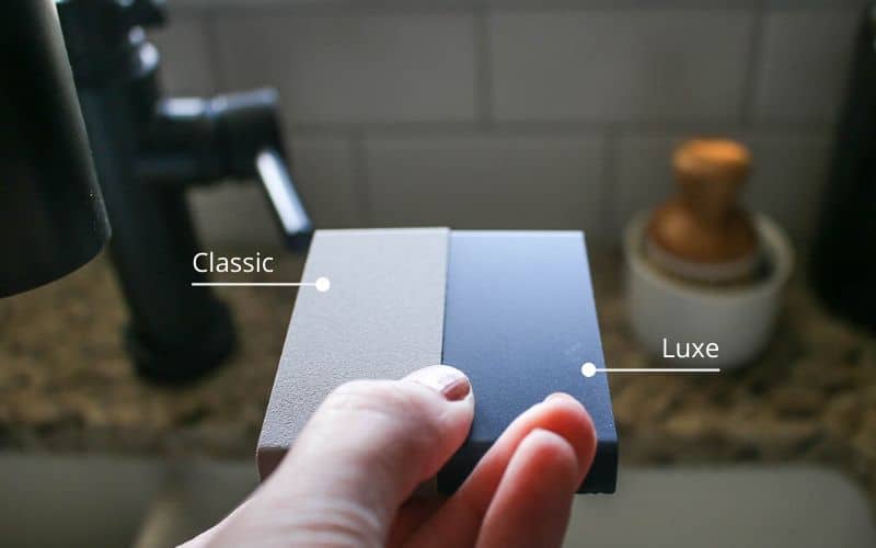 Showing the differences in finishes between classic and luxe quarts