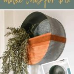 Side view of the modern metal wall planter on a white wall and long green vines hanging from it with a before picture of the basket in the lower right corner. On top it says learn how to make this for $12.