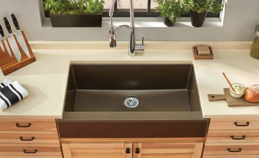 Apron sinks or farmhouse style sinks are popular kitchen sink styles