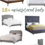 shows 6 different gray upholstered beds with text overlay says 18+ upholstered beds