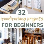 Shows 4 different pictures of wood projects with overlay text that says 32 woodworking projects for beginners