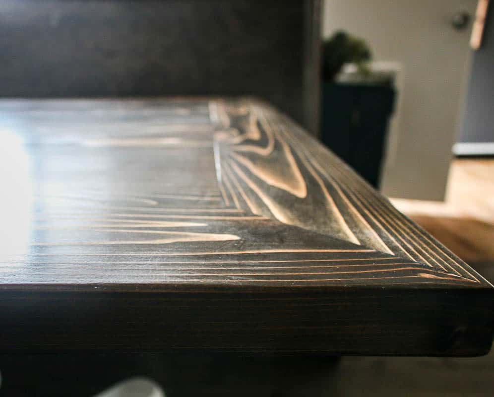 our diy kitchen table top is stained a gorgeous dark chesnut color 