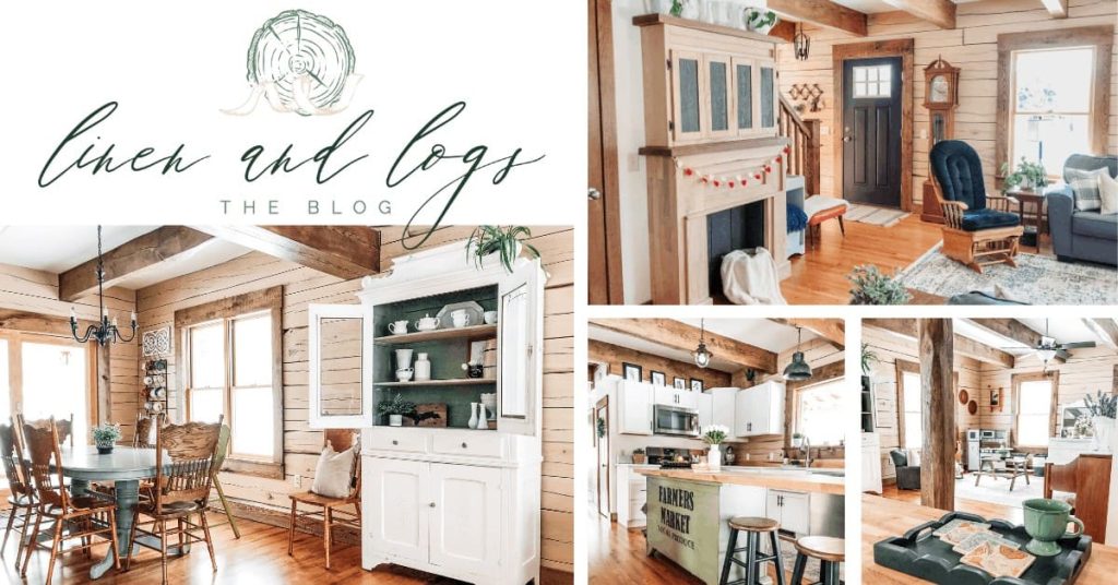 shows various pictures of a rustic wood home decor look from linen and log blog