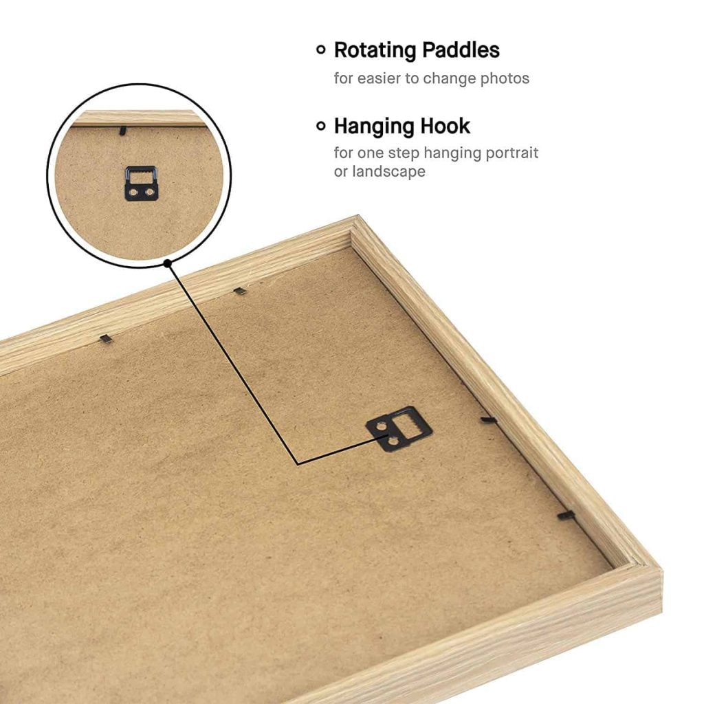 Rotating paddles and picture hooks are the easiest way to hang wood picture frames