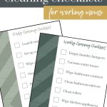 shows two checklists of daily and weekly cleaning tasks with overlay texts that say daily and weekly cleaning checklists for working moms