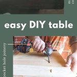 Shows a close up picture of a wood table corner and another showing a person drilling into pocket hole joinery on the bottom of table. Has text between photos that says easy diy table, download free plans, pocket hole joinery, and mitered corners