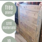 shows a person holding the top part pf the wood table with bubble texts that says free plans, $110 materials, 10 steps, and download plans. Text at tops says easy table top.