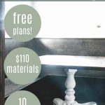 Shows a farmhouse breakfast nook and a wood table with a white stand and wood floors with bubble texts that says free plans, $110 materials, 10 steps, and download plans. Text at tops says easy table top.