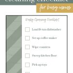 shows a daily cleaning checklist with overlay text that says free printable cleaning checklist for busy moms