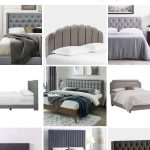 Collage shows various gray upholstered beds with text overlay that says gray fabrics beds less than $1000