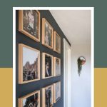 shows a side angle view of 9 photos on a dark gray wall with wood frames and at tops says how to hang a gallery wall