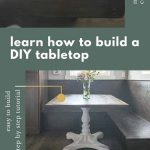 shows two pictures of a wood table top with a white stand, one full picture and one close up. Has text surrounding the pictures that says, learn how to build a DIY tabletop, download free plans, easy to build step by step tutorial
