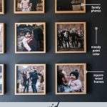 shows family photos hung on a gray wall in a grid pattern with overlay texts that says square grid gallery wall