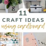 shows four different cardboard projects including a planter, storage boxes, southwestern accent wall and flower press with overlay text that says 11 craft ideas using cardboard