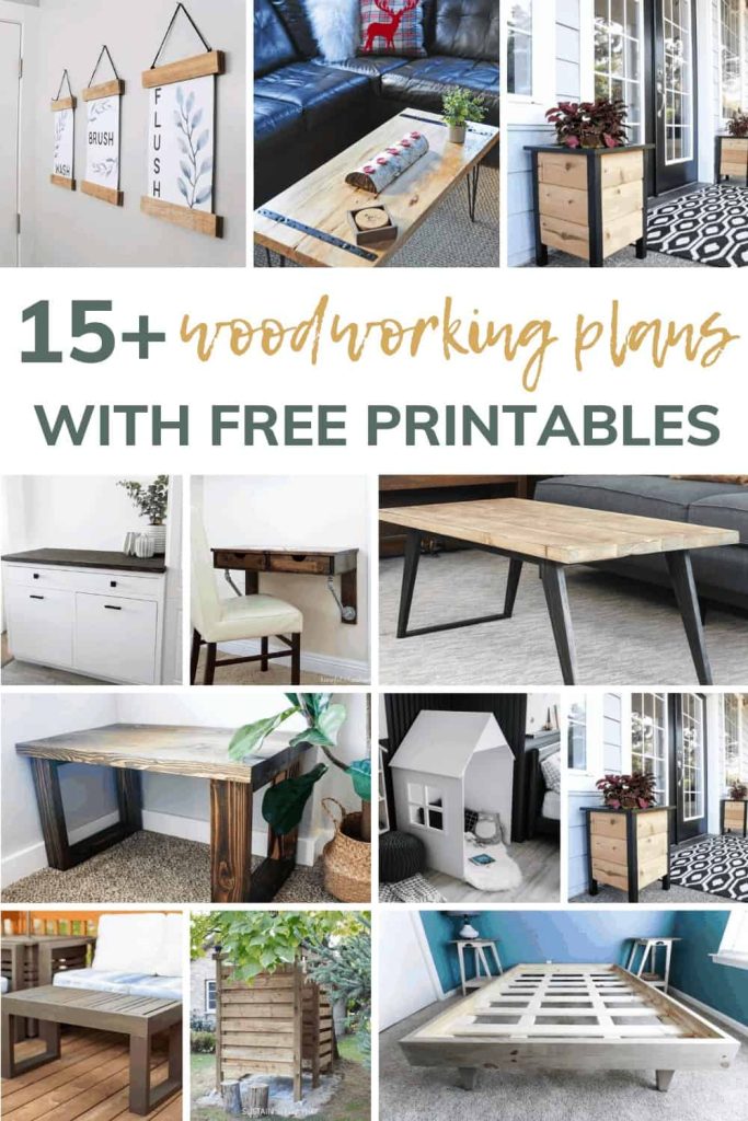 Shows 9 simple woodworking projects like a bedframe, planters, stools, tables, and hanging home decor. With overlay text that says 15+ free woodworking plans with printables