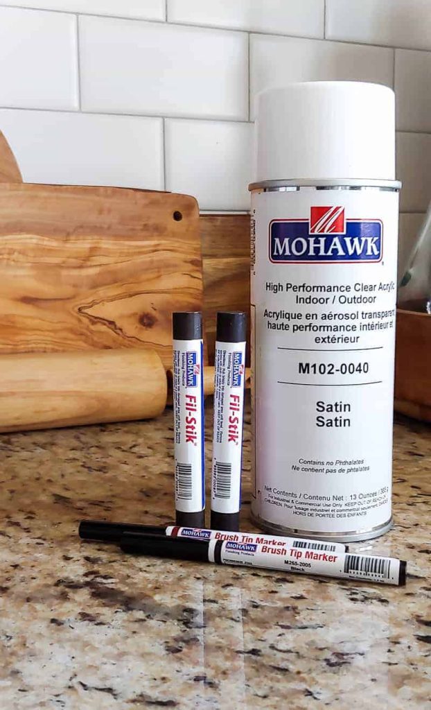 Supplies needed to fill nail holes in stained wood. You'll need Mohawk high performance clear acrylic, Mohawk fill sticks, and Mohawk brush tip markers.