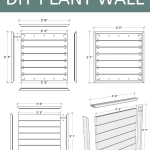 shows woodworking plans of the wood wall with various angles and measurements with text at top that says free woodworking plans DIY plant wall