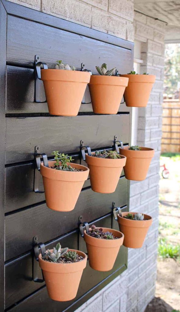 A side view of our hanging wood planter wall, complete with rows of terra cotta planters, filled with succulents.