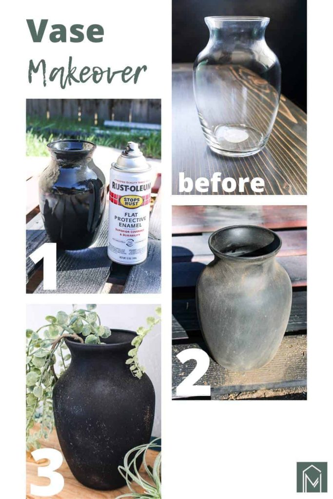 Before and after pictures of an upcycled vase makeover! In just a few simple steps, a clear glass vase turns into a vintage-style aged vase that looks like pottery.