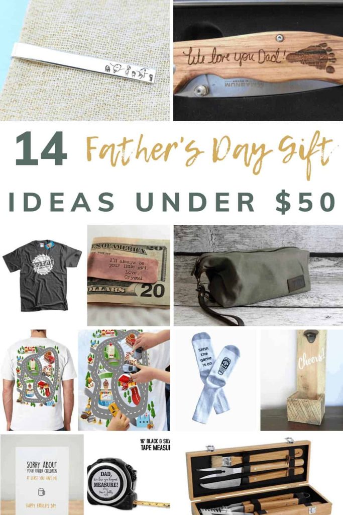 shows a variety of 12 different father's day gifts with overlay text that says 14 father's day gift ideas under $50