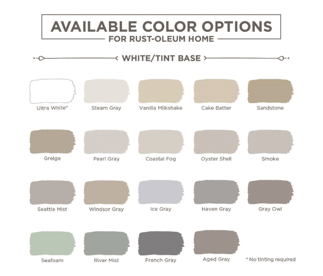A graphic showing the Rust-Oleum HOME Floor Coating color options in the white tint base that you can use to paint tile floor