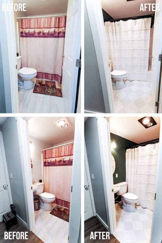 shows a before and after picture of a bathroom makeover. The before photos shows tan tile floor with white walls and shower curtain and rug. The after picture shows gray painted tile floors with white stripes, teal walls, and white shower curtain