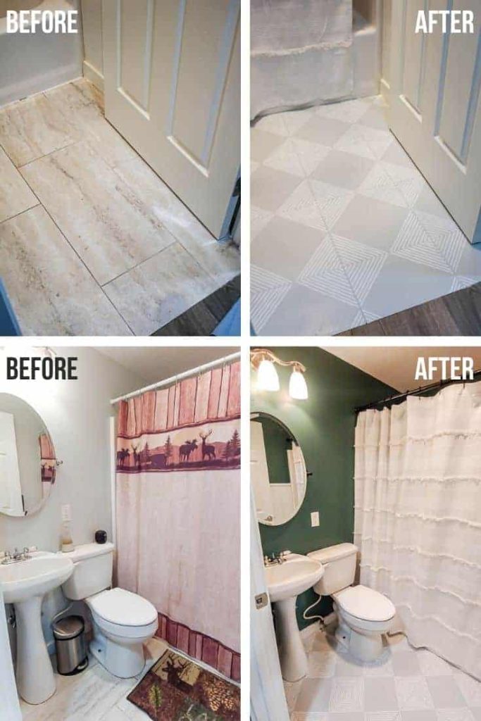 shows a before and after picture of a bathroom makeover with stenciling floor tiles. The before photos shows tan tile floor with white walls and outdated cabin theme shower curtain and rug. The after picture shows gray floors with white stripes, dark green walls, and white boho shower curtain