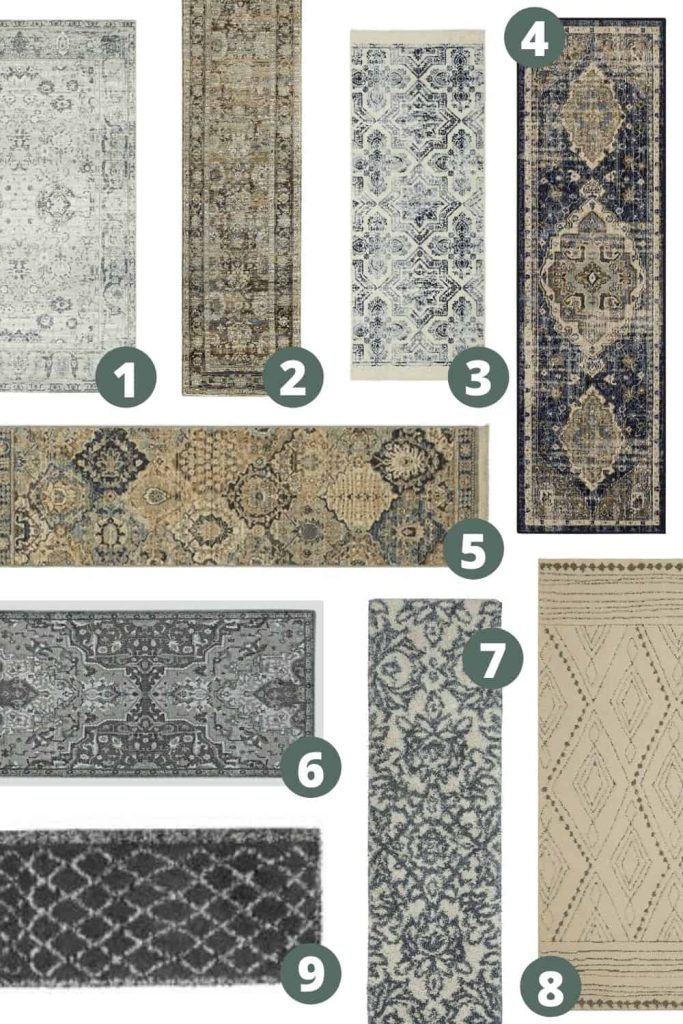 A collage shows a variety of boho style runner rugs - long, narrow rugs that are perfect for a hallway space, with unique, bohemian inspired patterns and designs.