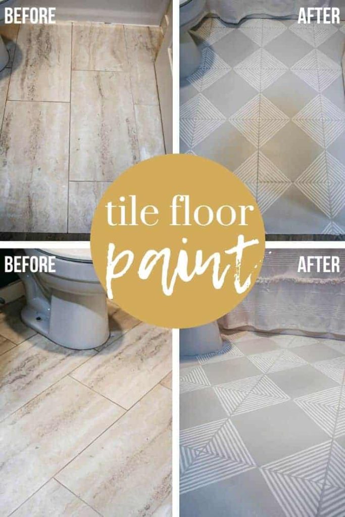 shows before and after photos of tan tiled floors in a bathroom and how they were painted gray with white stripes stenciling floor tiles with overlay text that says tile floor paint