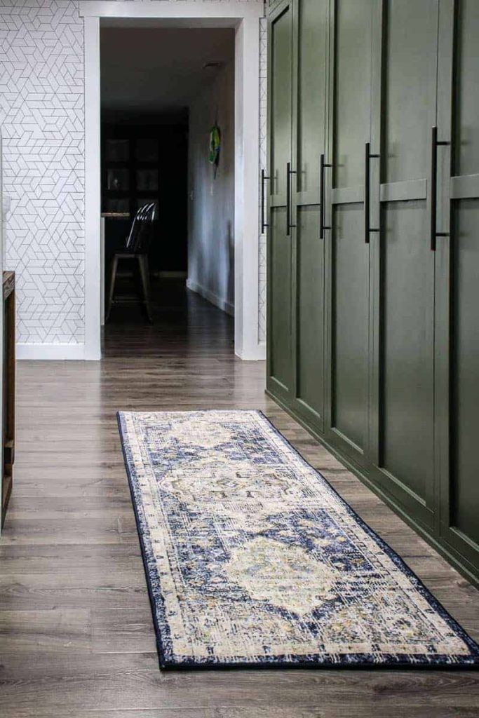 For our mudroom, we chose a boho style runner rug with indigo blue, tan, and green accents.
