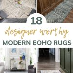 Collage of 4 different views showing modern boho area rugs with text overlay that says 18 designer worthy modern boho rugs