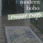 Vintage inspired runner on floor with dark gray overlay on picture and text that says 18 modern boho runner rugs