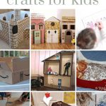 Collage showing 9 different cardboard crafts in a grid format like cardboard playhouses, castles and more with text overlay that says cardboard crafts for kids