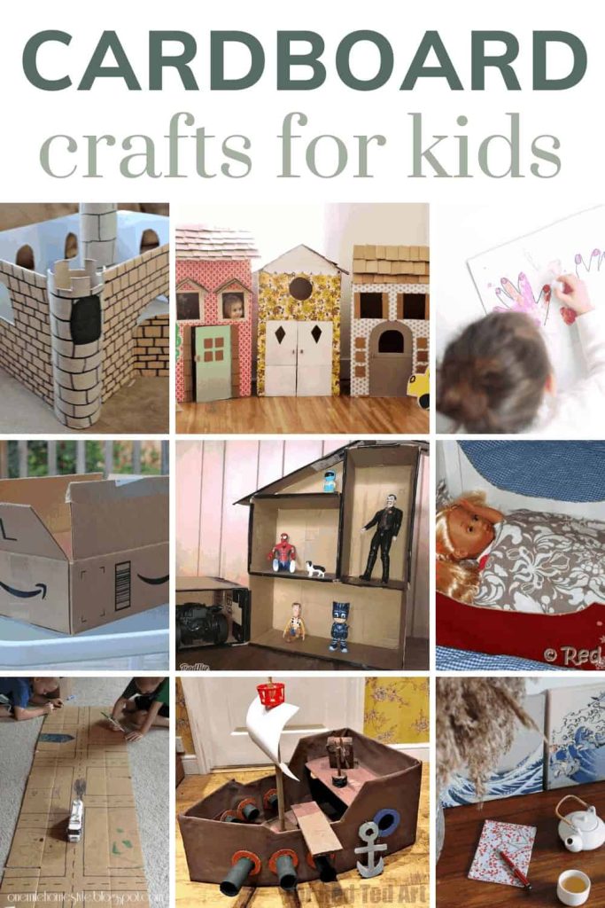 Collage showing 9 different cardboard crafts in a grid format like cardboard playhouses, castles and more with text overlay that says cardboard crafts for kids