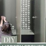 shows a woman stamping the back of the mudroom lockers with a gray painted half circle with a finished locker on the other side with text at bottom that says DIY modern sponge paint