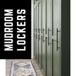 Dark green painted built in mudroom storage cabinets with doors and text overlay that says DIY mudroom lockers