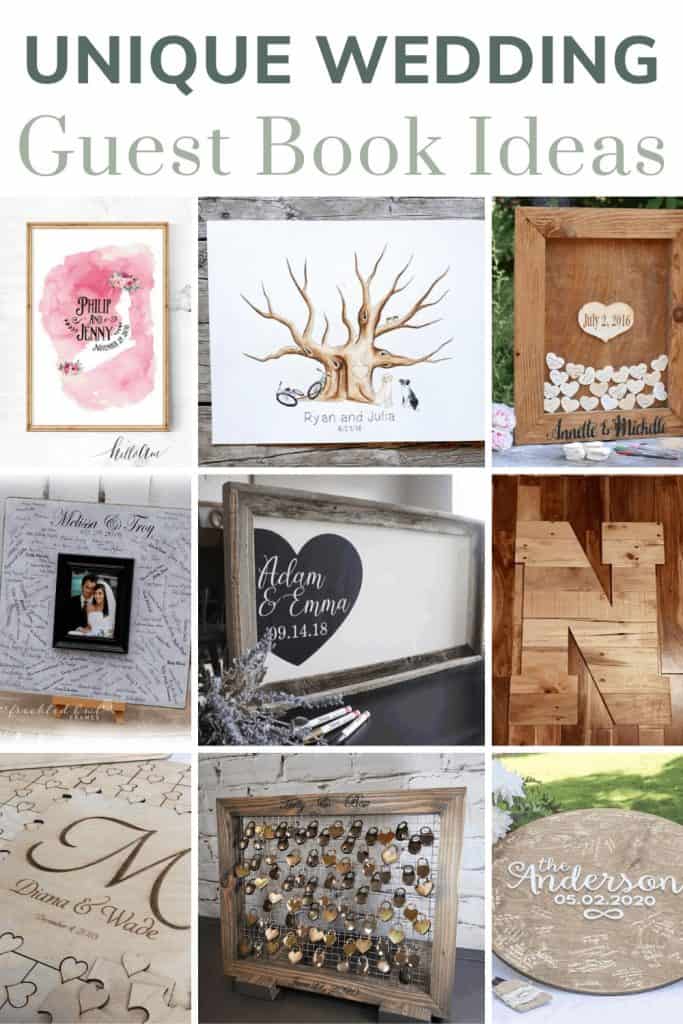 College showing a grid of different guest books for a wedding with text overlay that says Unique Wedding Guest Book Ideas