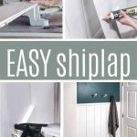 shows four pictures of the shiplap wall project with overlay text that says easy shiplap