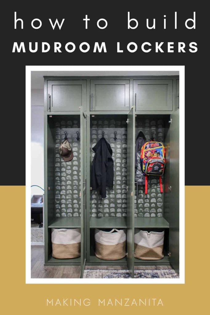 shows a picture of the mudroom lockers with the doors open that shows a hat, jackets, and a backpack hanging from the hooks and white and tan bags sitting in the bottom with text hat says how to build mudroom lockers