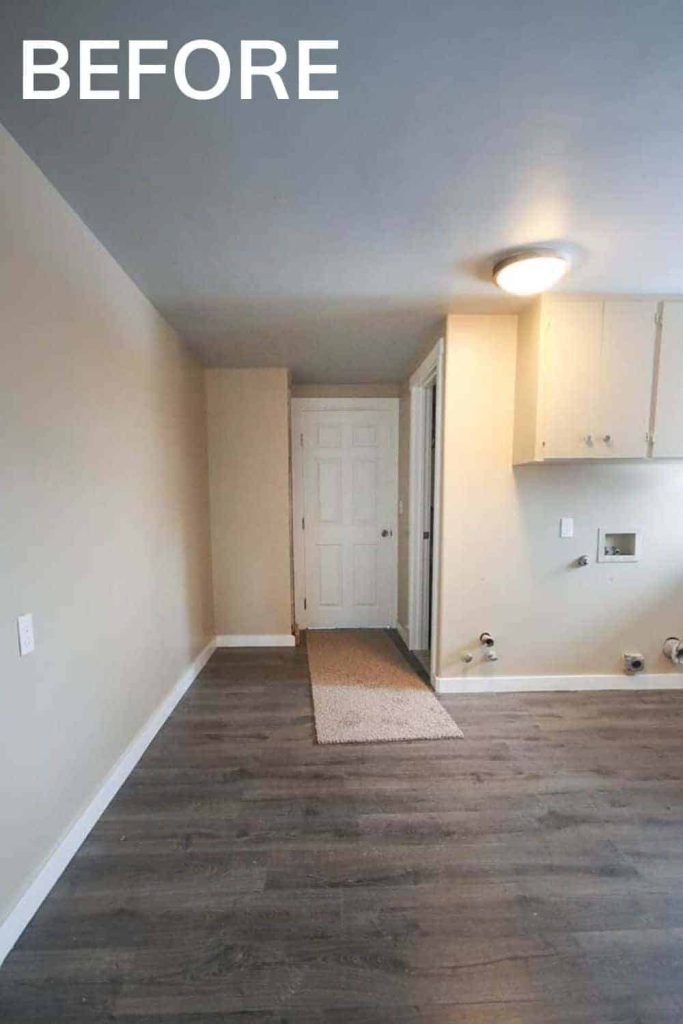 Shows an empty hallway that is tan with gray wood floors with text at top that says Before