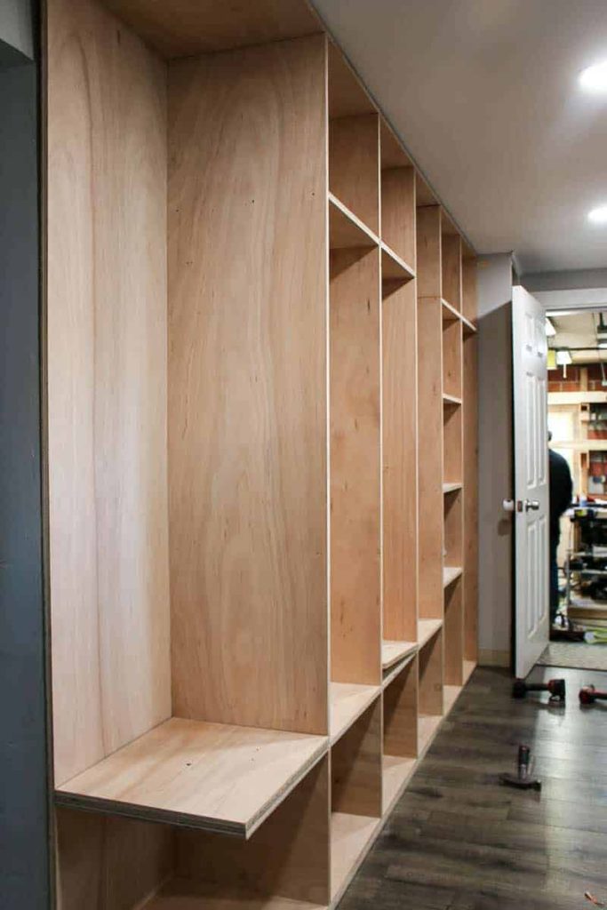 shows the shelves and backside of the mudroom assembled together 