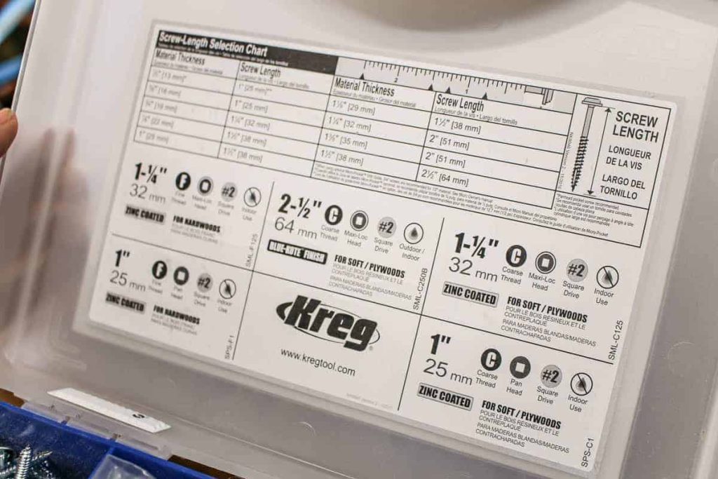 Screw information attached inside the Kreg screw project kit box