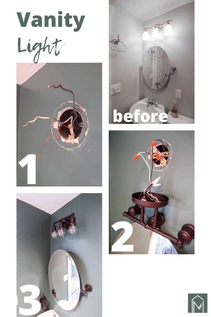 shows various pictures of the process on how to change the bathroom lights with overlay text that says vanity light