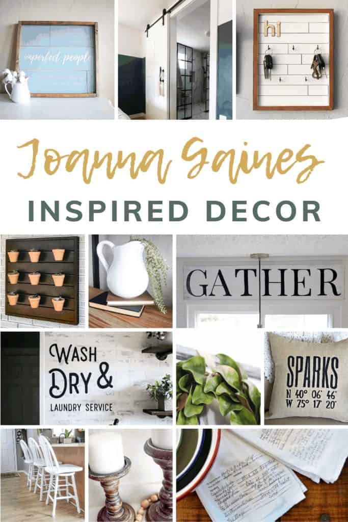 A collage of farmhouse style decor and DIY projects inspired by Joanna Gaines and her classic farmhouse style.
