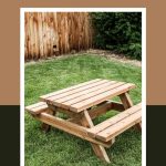 shows a backyard with wooden fence and grass with little wood kids picnic table with overlay text that says how to build a kids table