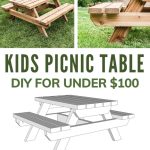 shows a side and front view of the wood picnic table with a couple trees and grass in the background on top with 3d woodworking plans on bottom with overlay text that says kids picnic table DIY under $100 and a download free plans button on bottom