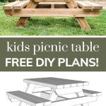 shows a front view of the wood picnic table in a backyard with woodworking 3d plans at the bottom and overlay text that says kids picnic table free DIY plans