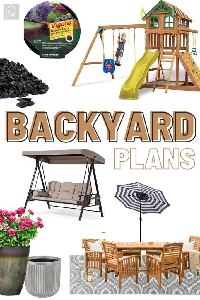 shows various parts of a backyard that are used for inspiration with overlay text that says backyard plans