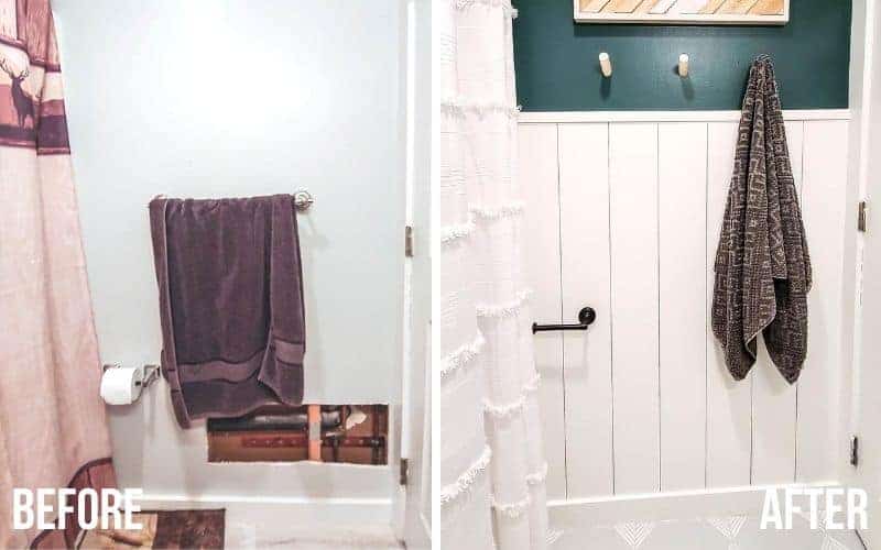 Before and after photos from our budget bathroom makeover - the picture on the left shows a white wall, towel holder and red shower curtain. The picture on the right shows a DUY white shiplap wall and forest green wall, white linen shower curtain, and updated towel racks.